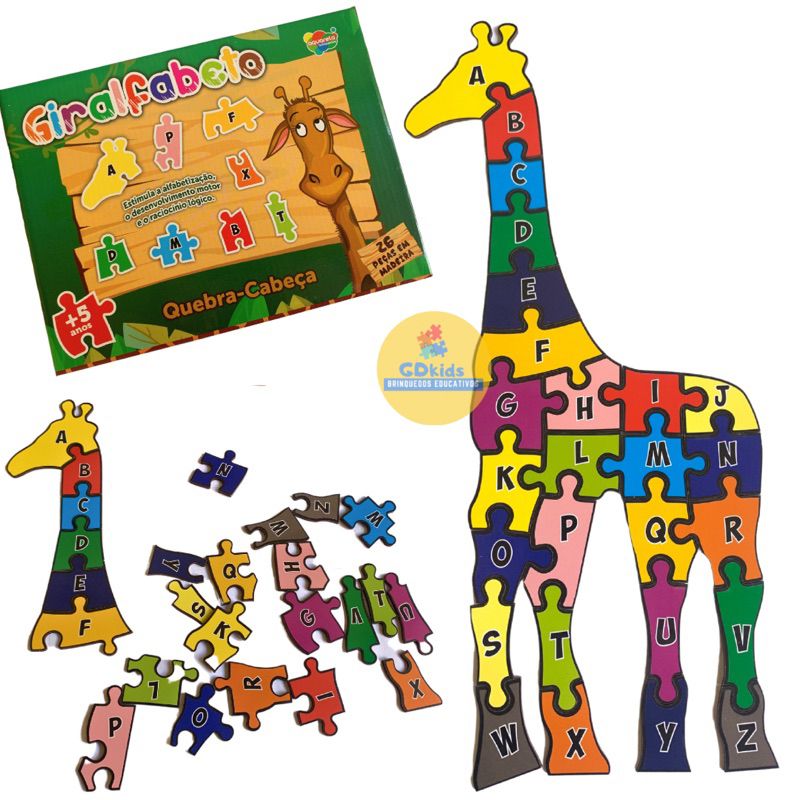 Quebra Cabeça Giralfabeto Alfabeto 26 peças em Madeira Brinquedo