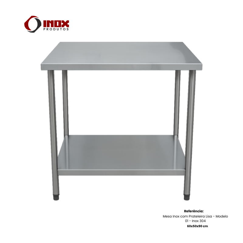 Mesa Inox com Prateleira Lisa 60x50x90 cm | Inox 304 – Modelo 01
