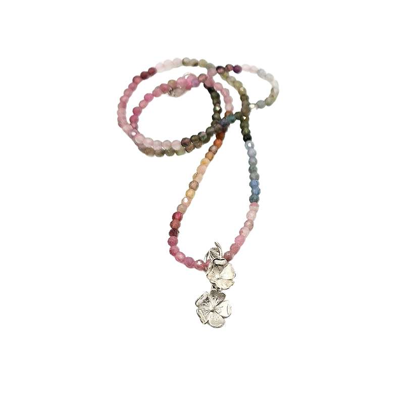 Cordão turmalina melancia com pingente Cerejeira Sakura