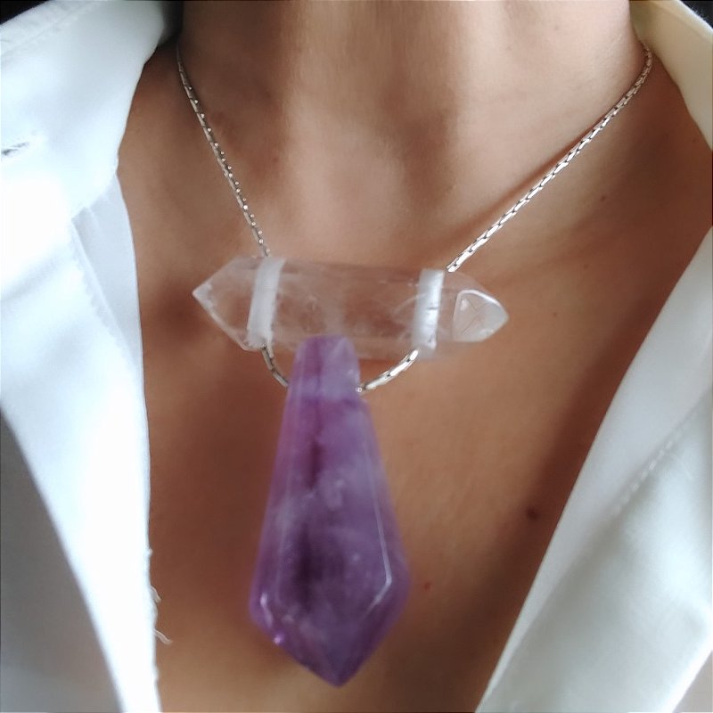 Corrente pedras naturais Ametista e Quartzo