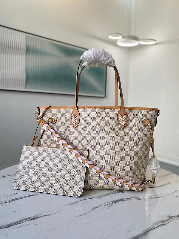 Bolsa Louis Vuitton Neverfull Damier Azur/Alça de couro trançada