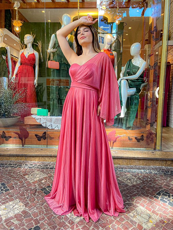 VESTIDO LONGO TOMARA QUE CAIA COM MANGA CAPA OPCIONAL ROSA