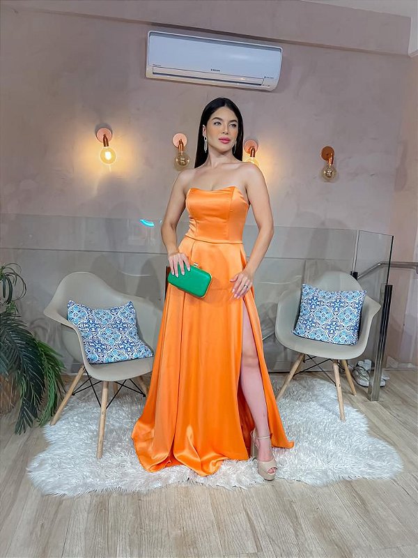 VESTIDO LONGO ZIBELINE TOMARA QUE CAIA FENDA LATERAL CORAL Santoô