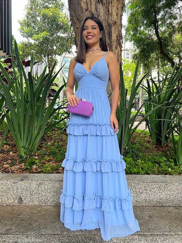 Azul Serenity Vestido Social De Alcinha VESTIDO LONGO MUSSELINE