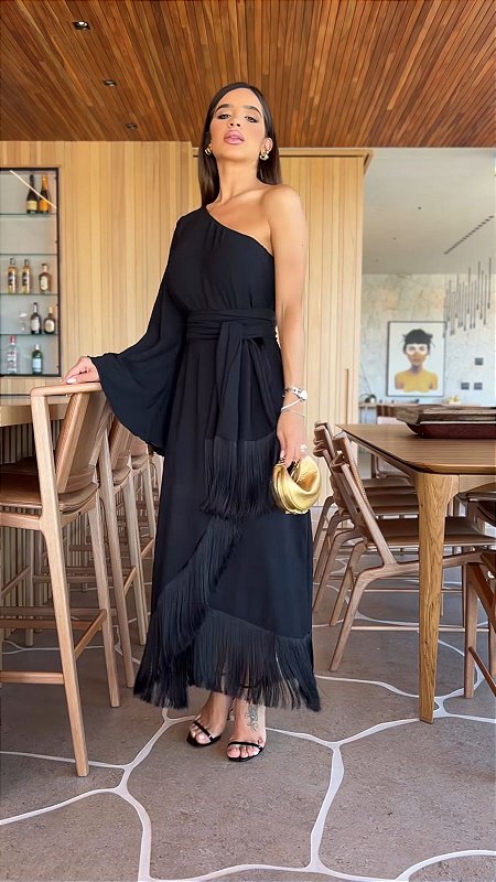 Franja Vestido Preto Ombro A Ombro Midi VESTIDO CREPE DE SEDA NEW