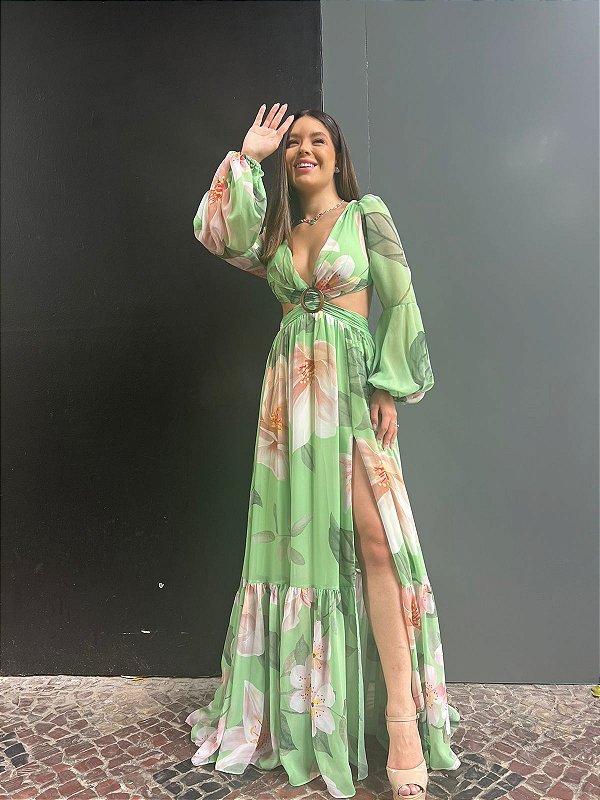 VESTIDO LONGO CHIFFON MANGA LONGA RECORTE CINTURA FENDA ESTAMPADO