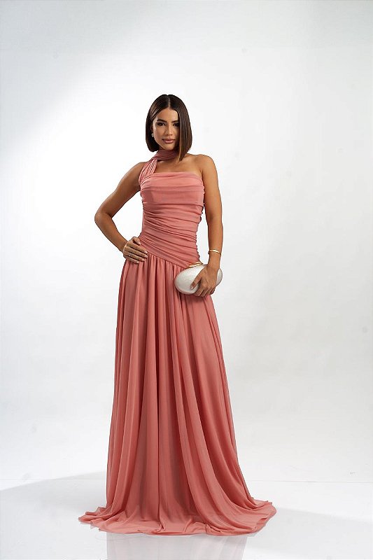 VESTIDO LONGO MICROTULE TOMARA QUE CAIA COM GOLA PESCOÇO ROSE Santoô