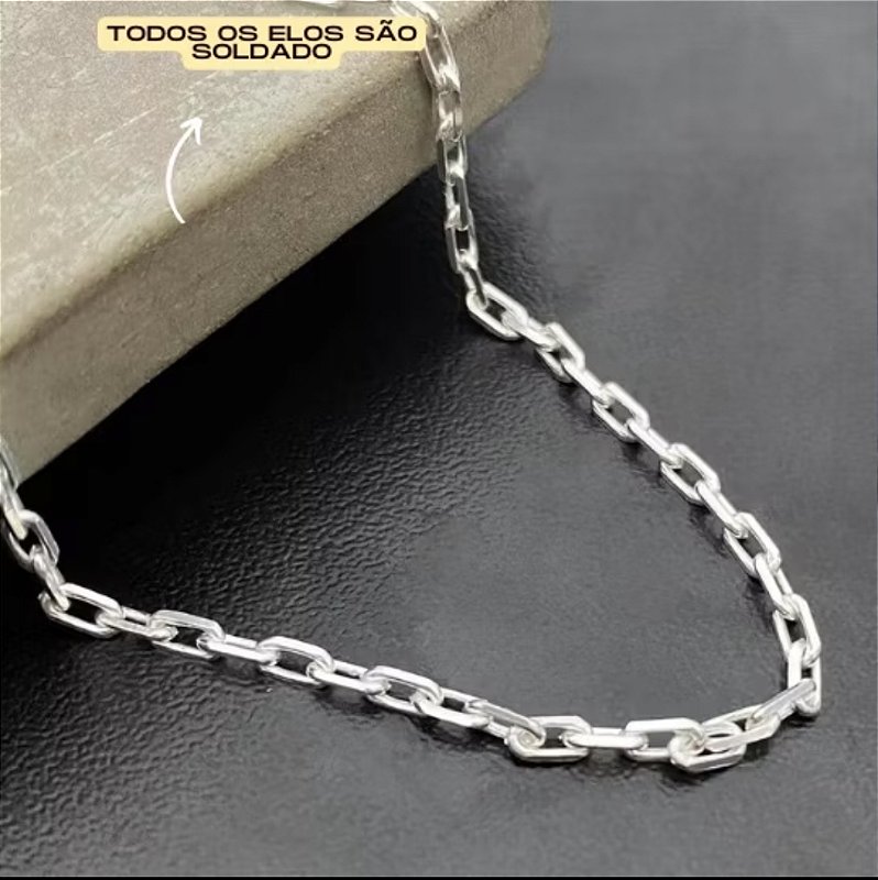 Corrente de Prata 925 Cadeado 3,5mm 70cm e Pulseira Masculina Prata