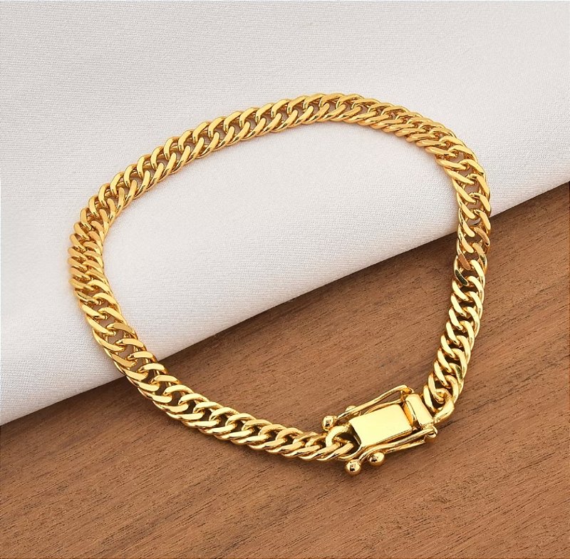 Pulseira Masculina Grumet Dupla Lacraia 5mm com Fecho Gaveta trava Banhada a ouro 18k
