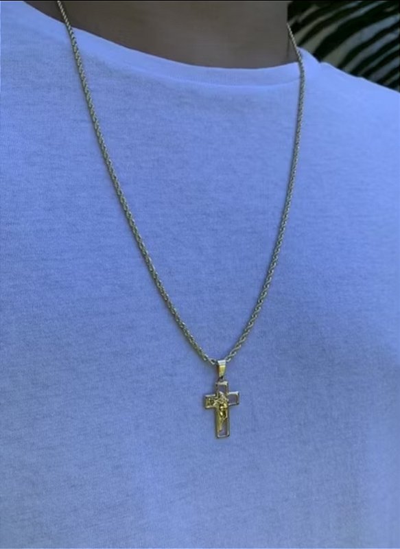 Corrente Grumet Masculina + Pingente Cruz Face de Cristo Banhados a ouro18k