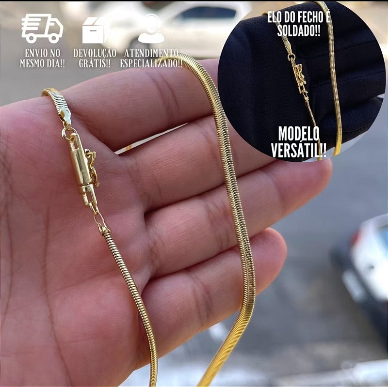 Corrente Masculina 3,5mm 70cm 14,6g Fecho Canhão Banho de Ouro 24k  Corrente Rabo de Rato