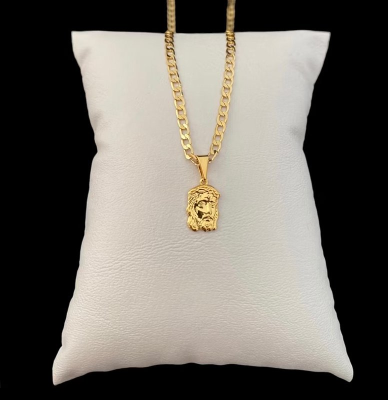 Corrente Masculina Grumet 3mm + Pingente Face de Cristo Banhados a Ouro 18k