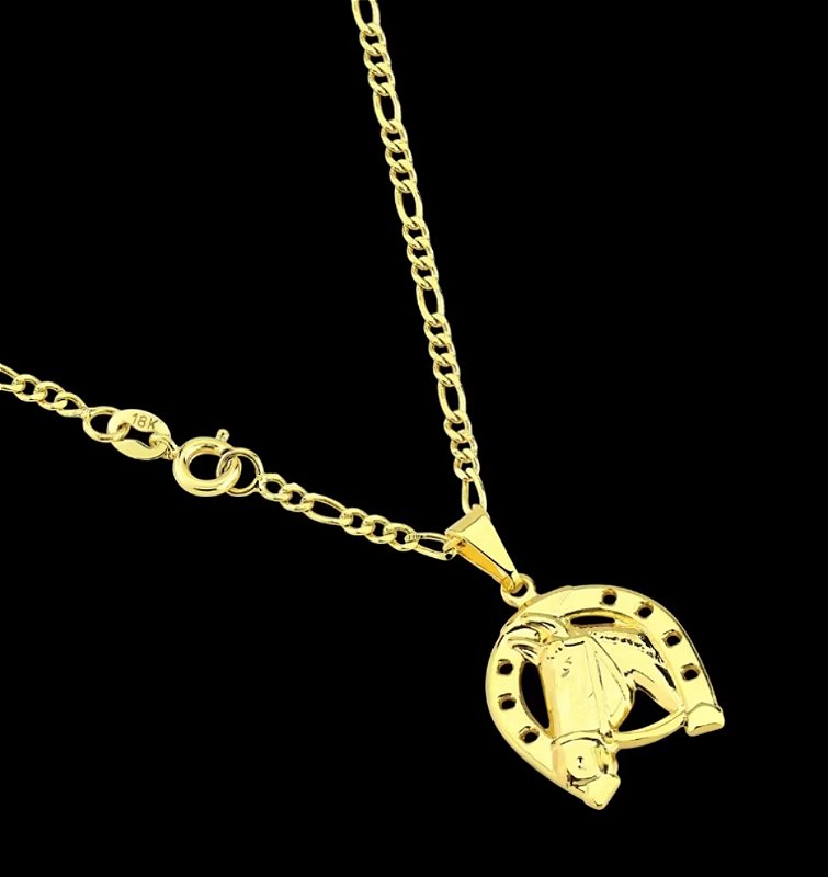 Corrente Cordão 3x1 Masculino + Pingente Cavalo Ferradura Banhados a Ouro 18k
