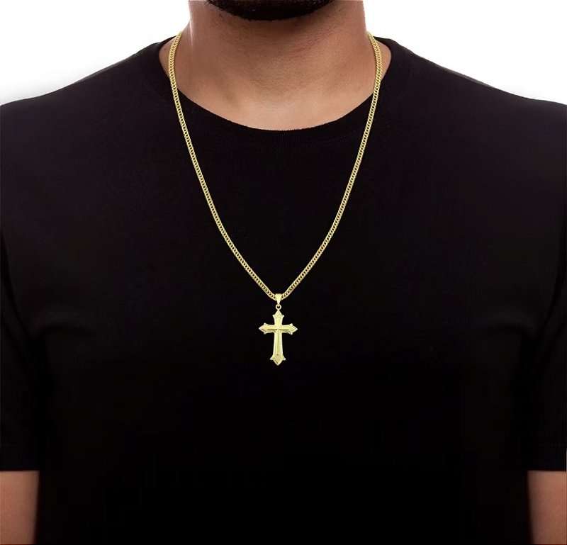 Corrente Masculina Grumet Dupla Lacraia 3mm + Pingente Cruz Banhado a Ouro 18k