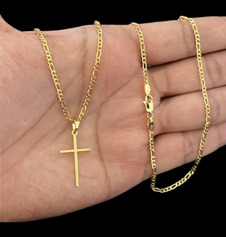 Corrente 3x1 Masculina + Pingente Cruz Palito Banhado a Ouro 18k Cordão e Crucifixo