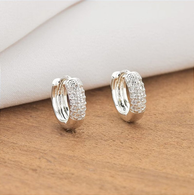 0Brinco Masculino Argola Prata Cravejada Zirconia