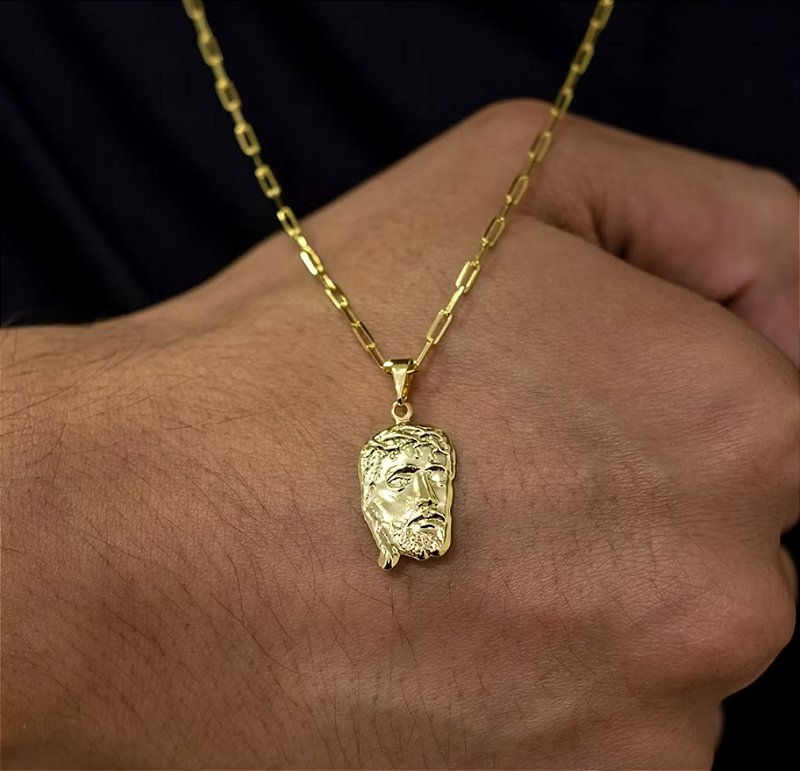 Corrente Masculina com Pingente Face de Cristo Banhados a ouro 18k