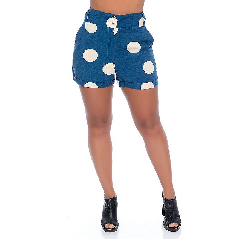 Shorts Cintura Alta Com Bolsos B’Bonnie Debby Azul Poa