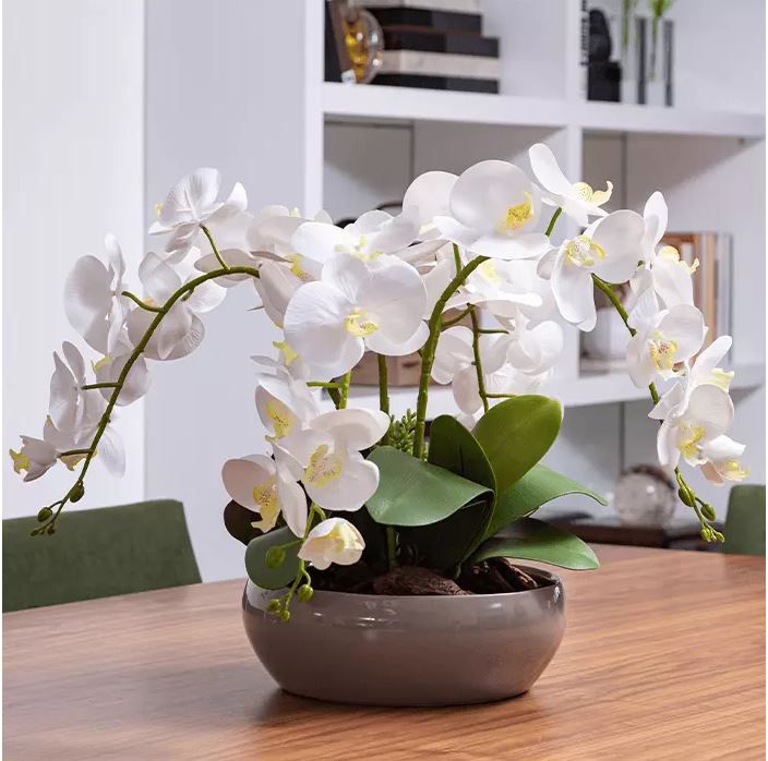 Arranjo 4 Orquídea Artificial Branca Com Vaso Bacia Fendi - Florescer-Decor  | FLORESCER DECOR