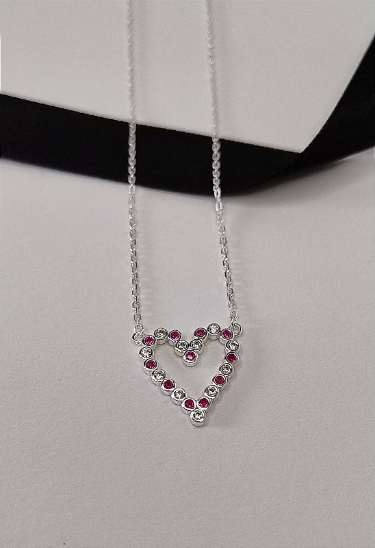 Colar coração rosa pink e cristal Prata 925