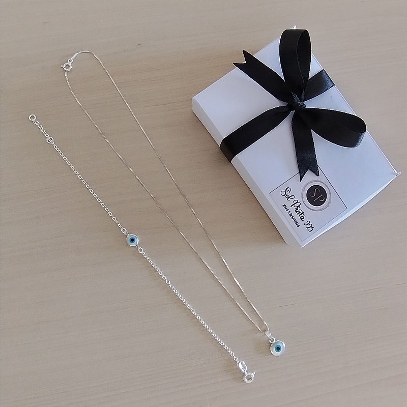 Conjunto de joias olho grego ( colar e pulseira ) PRATA LEGÍTIMA