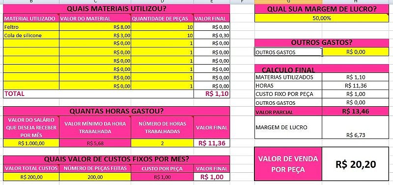 Planilha Simples CÁlculo PreÇo Artesanato Oficina Da Lika 1711