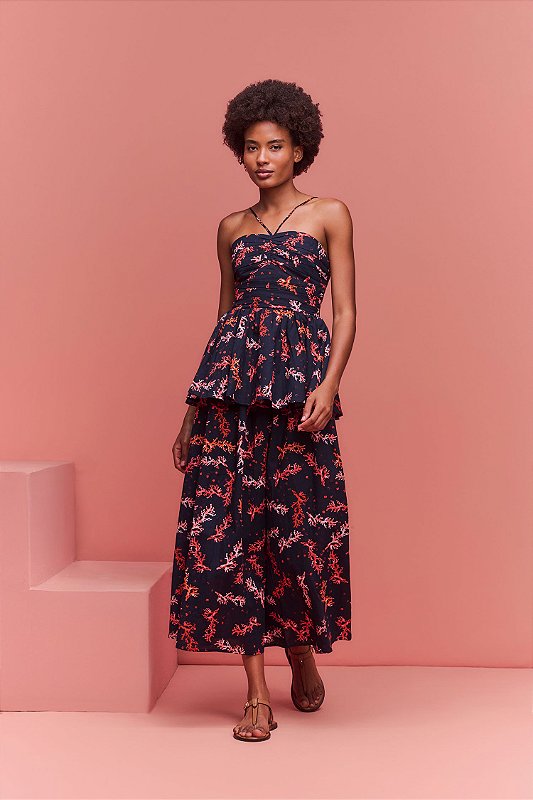 Vestido Midi c/ basque Coral vermelho