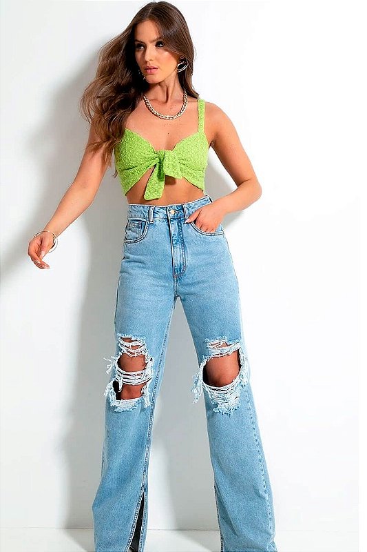 Calça Jeans Wide Leg Destroyed Samy