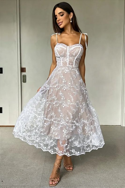 Vestido Midi Rodado De Alcinha Vestido De Festa Branco Curto