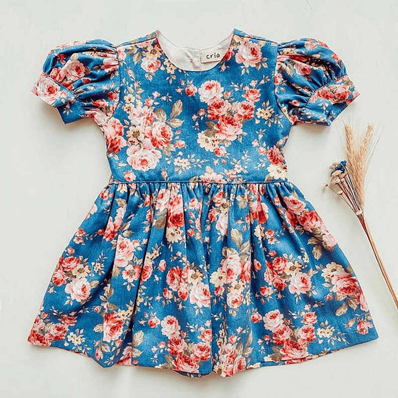Vestido Infantil Azul Floral Coração Charlotte
