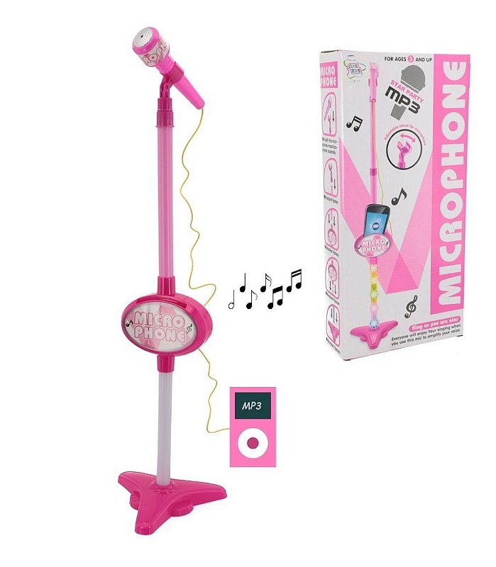 Microfone Infantil Brinquedo para Criança com Pedestal e conexão Mp3 para  Menina - Cor Rosa - Glumi