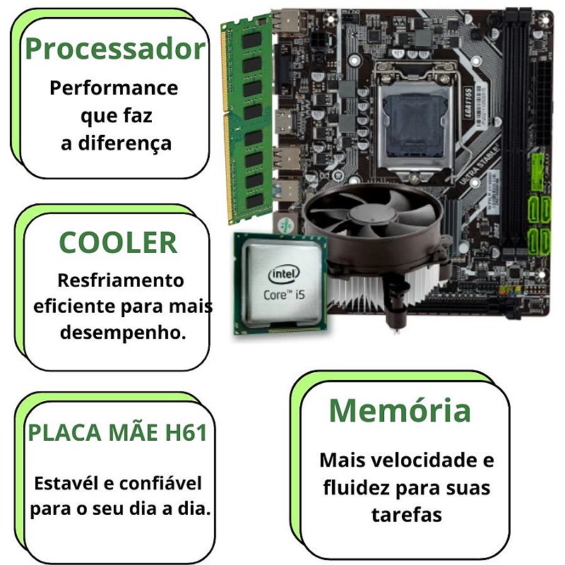 Kit Upgrade Placa Mãe H61 + Processador Intel Core i5-3470 + 8GB DDR3 1600MHz + Cooler