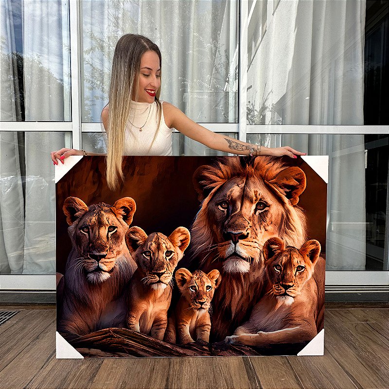 Quadro Decorativo Canvas Família Leão 3 filhotes Horizontal
