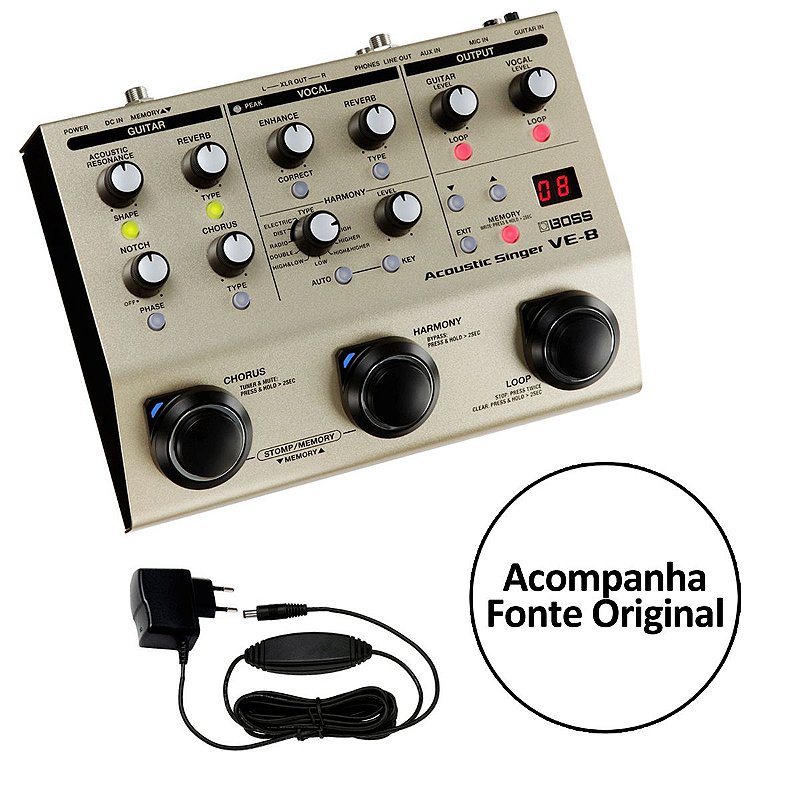 Pedal Boss Módulo de Efeitos para Voz e Violão VE-8 com Fonte