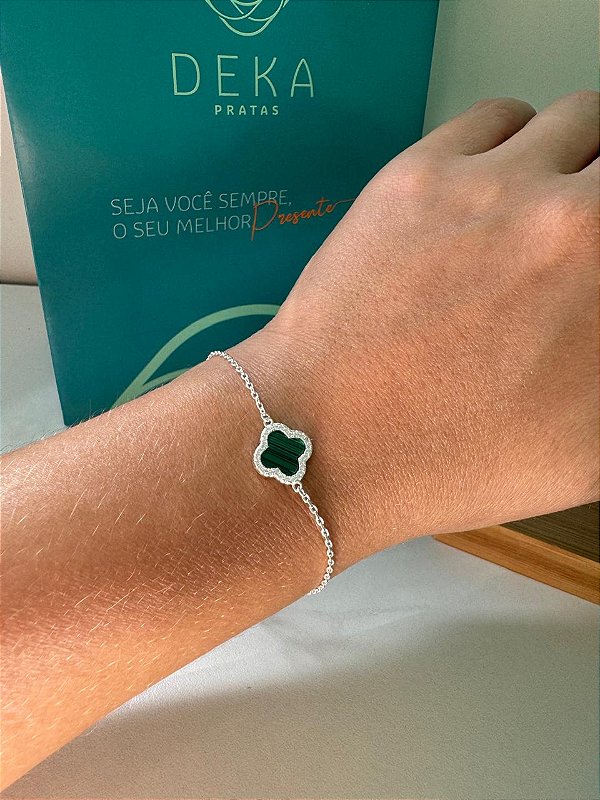 Pulseira Trevo Verde Esmeralda com Microzirconias - Inspiração Pulseira Virginia Van Cleef