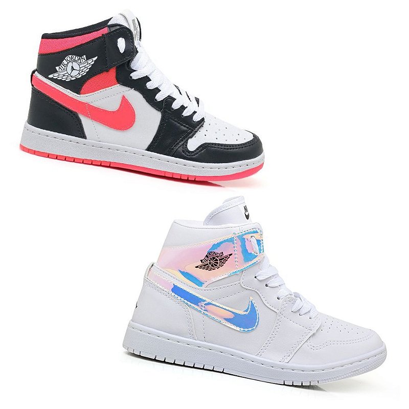 Combo 2 Pares Tênis Nike Air Jordan Preto/Pink + Branco/Holografico Feminino/Masculino  - Black Shoes Imports