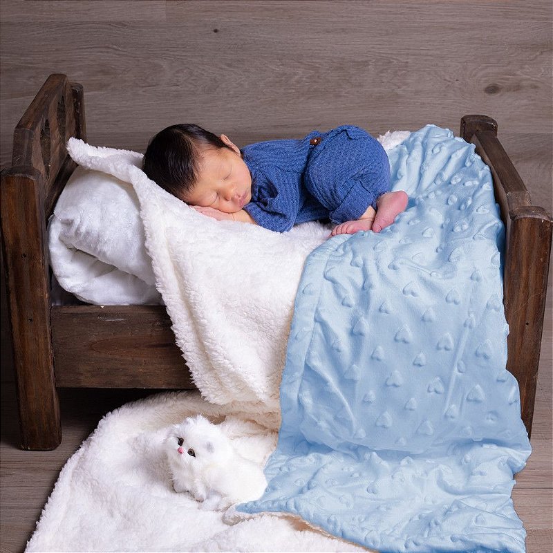 Cobertor Bebê Plush com Sherpa Hearts 0,90 x 1,10 Azul Bebê