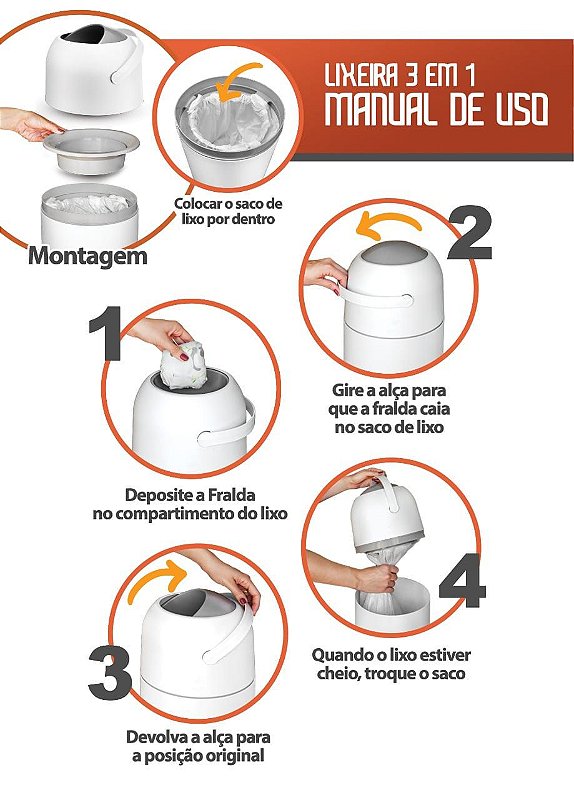 Lixeira Mágica Anti Odor e Bactérias 3 em 1 para Fraldas Preta