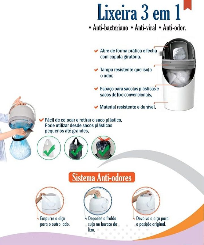 Lixeira Mágica Anti Odor e Bactérias 3 em 1 para Fraldas Preta