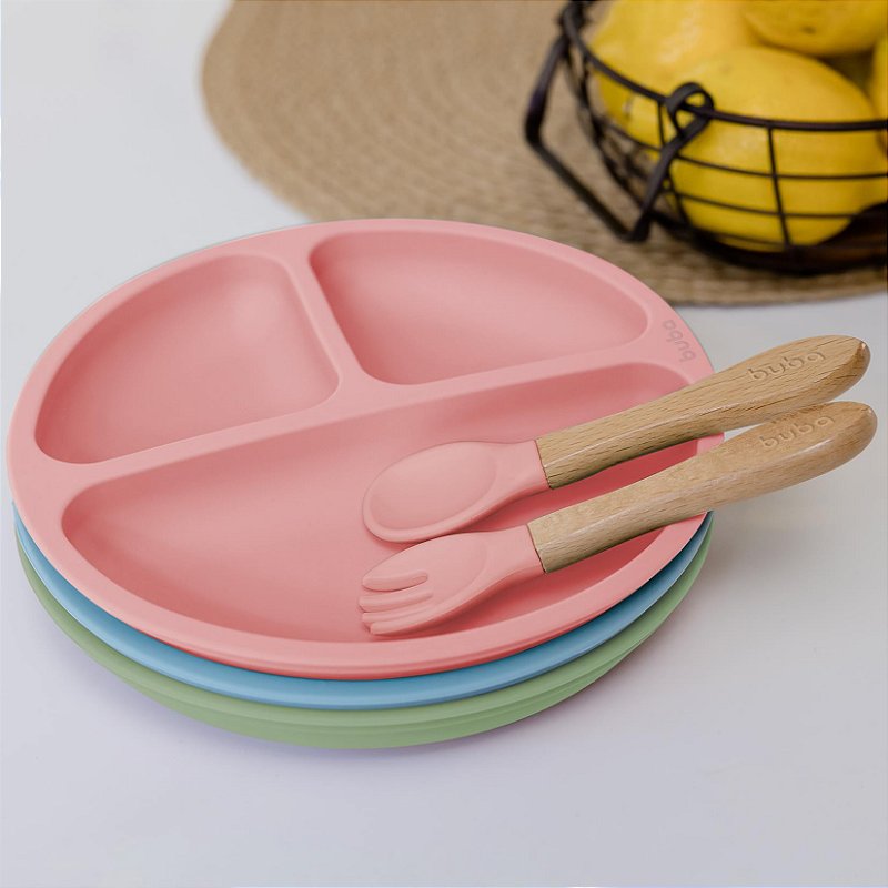Kit Talheres Infantil de Bambu e Silicone Rosa - Buba