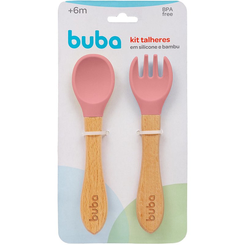 Kit Talheres Infantil de Bambu e Silicone Rosa - Buba