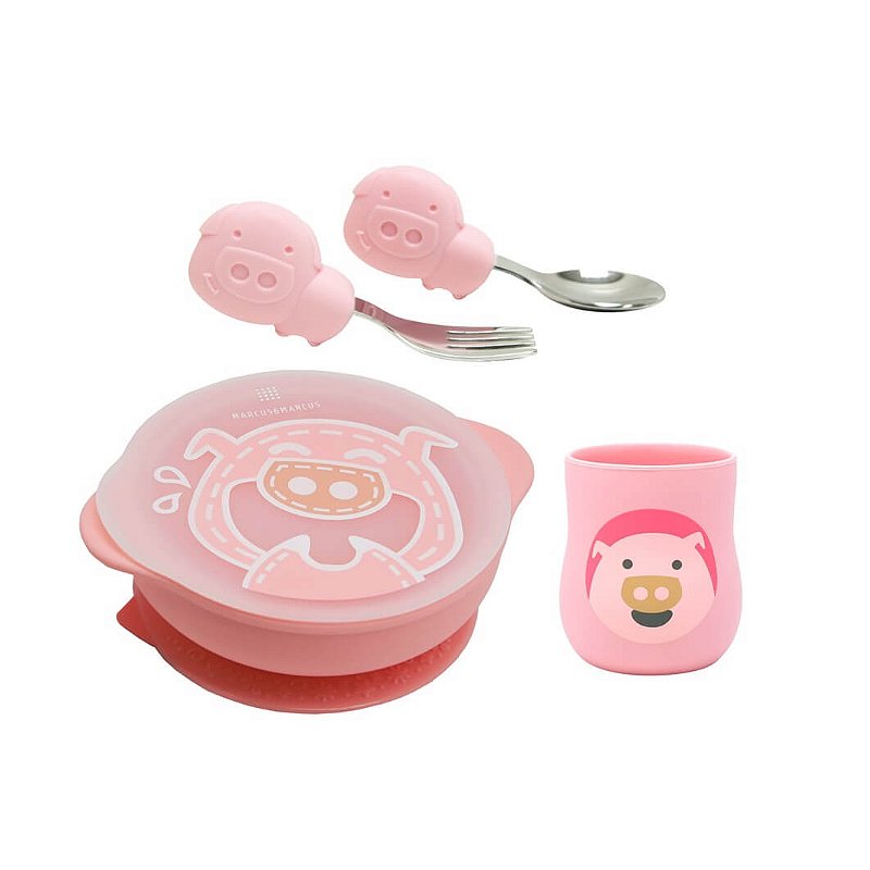 Kit Alimentação Copo Anatômico, Tigela e Talheres Porquinha - Marcus & Marcus