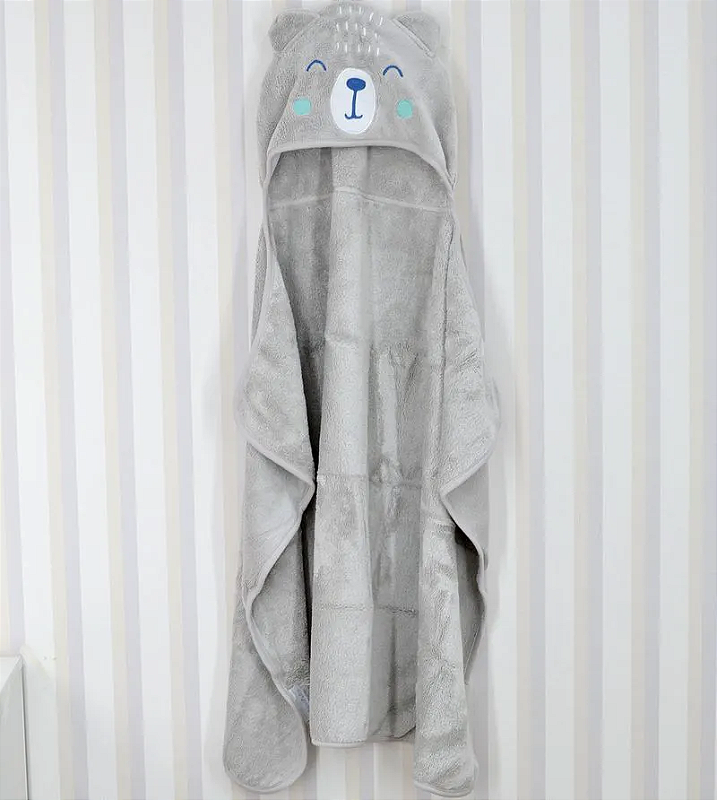 Toalha de Banho com Capuz Comfort Power Sec Urso Cinza - Laço Bebê