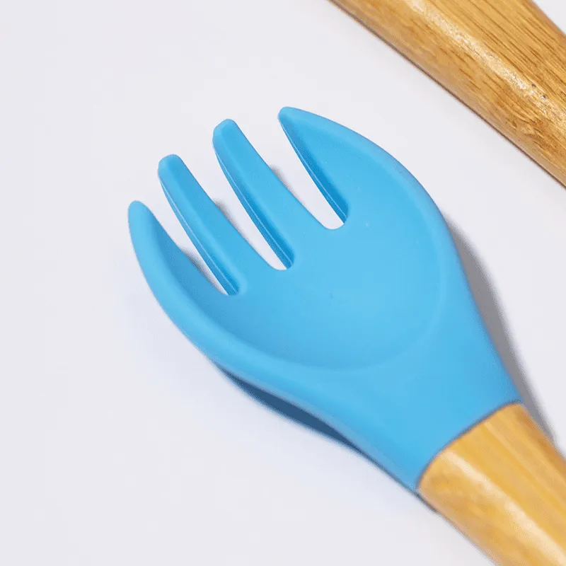 Kit de Talheres Infantil em Bambu e Silicone Azul – Petit Piá
