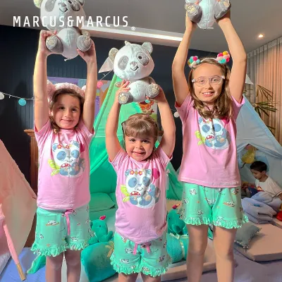 Pijama Infantil Manga Curta Rosa/Verde Panda Peeble Marckids