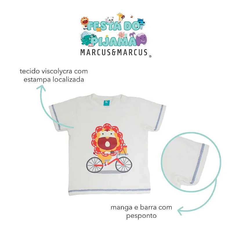 Pijama Infantil Manga Curta Branco/Azul Leão Marcus Marckids
