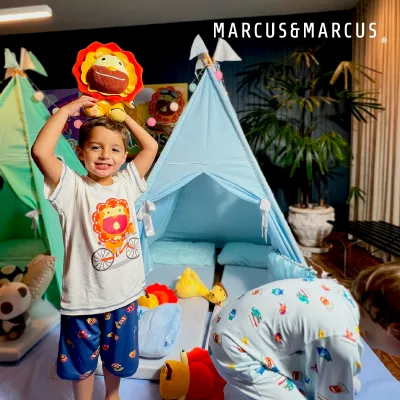 Pijama Infantil Manga Curta Branco/Azul Leão Marcus Marckids