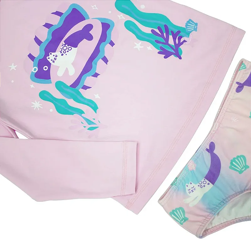 Conjunto Camiseta UV + Calcinha Gatinha Sereia Rosa Marckids