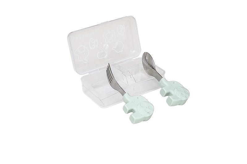 Colher e Garfo Infantil Verde Menta com Case - Marcus & Marcus