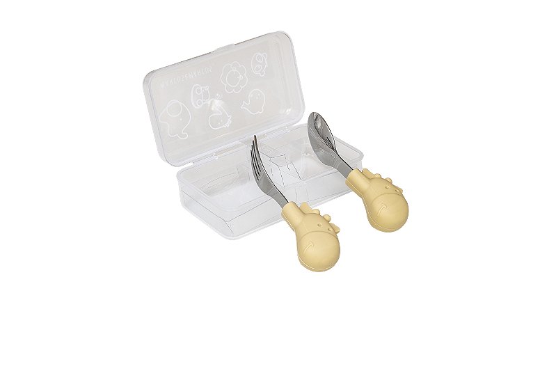 Colher e Garfo Infantil Amarelo Manteiga com Case - Marcus & Marcus